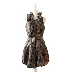 Samuel Dong Pink Floral Brocade Sleeveless Ruffled Dress With Belt SZ S  Bubble